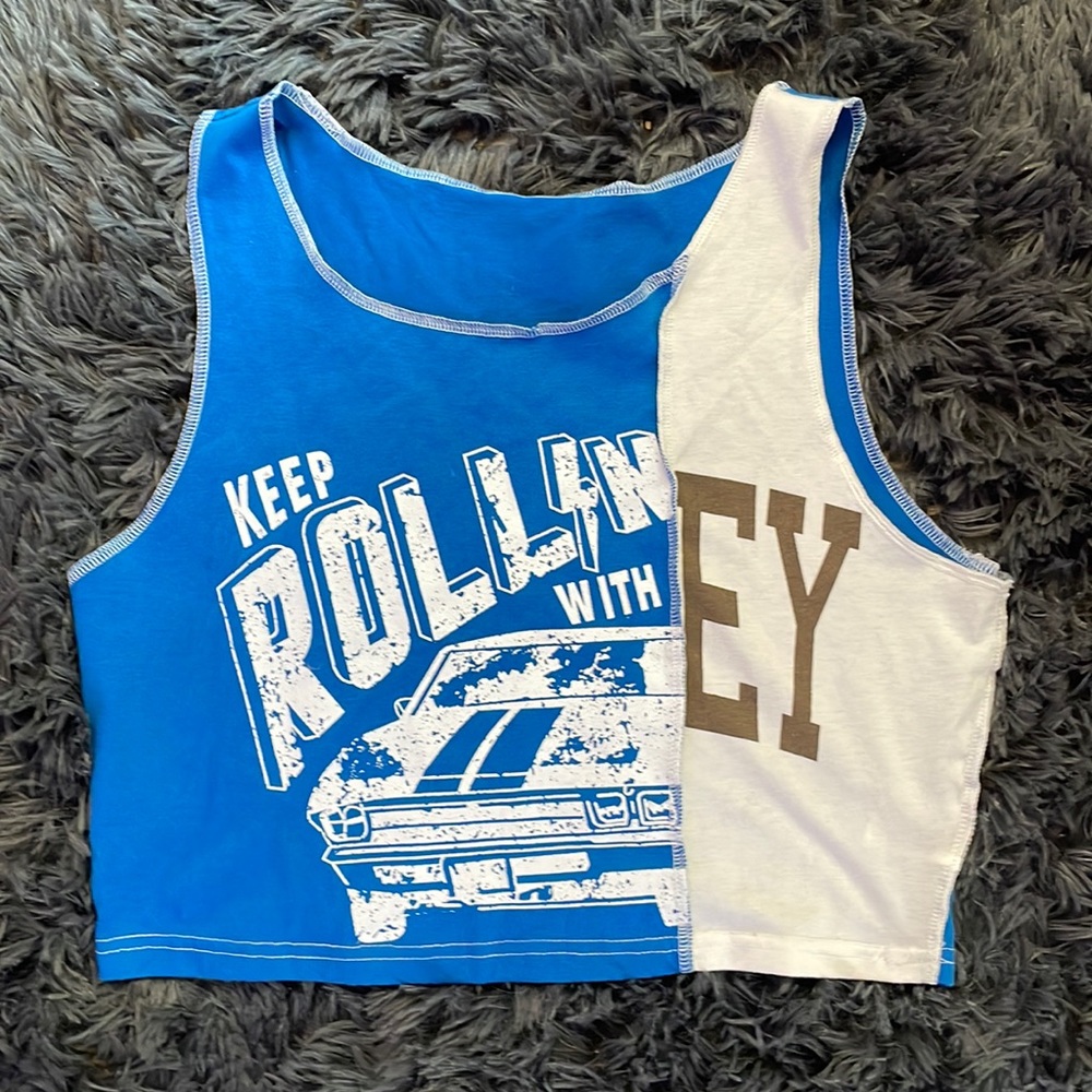 Blue white and brown cropped tank